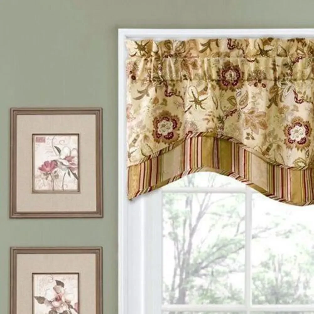 Waverly Valance Curtain Navarra Antique Beige Scallop Floral Stripe 52X16